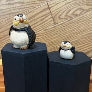 Vintage Signed Artisan Rinconada Urguay Puffin Penguin Mom & Baby Set Retired